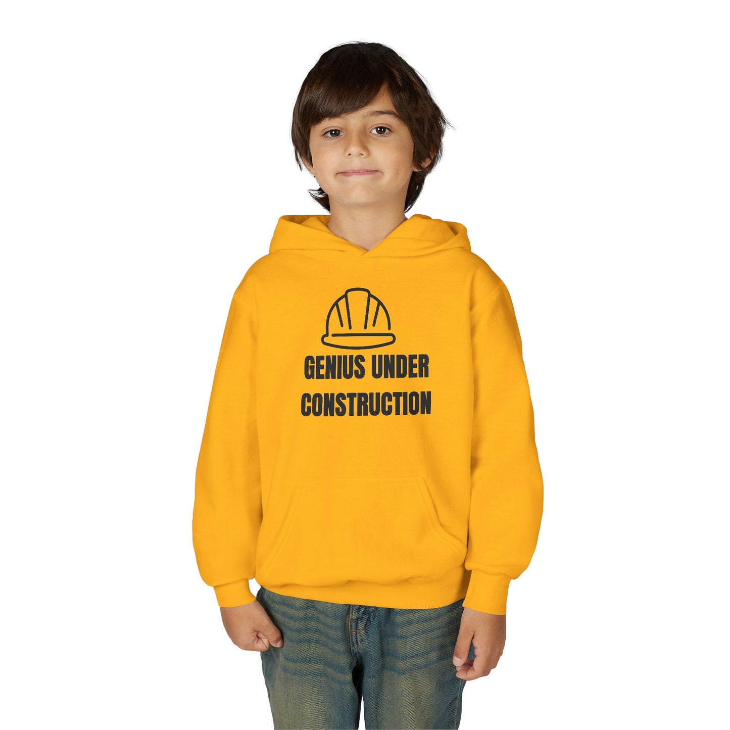 Genius Under Construction Hoodie, Youth Heavy Blend Sweatshirt, Fun Gift for Kids, Back to School Apparel, Funny Kids Hoodie