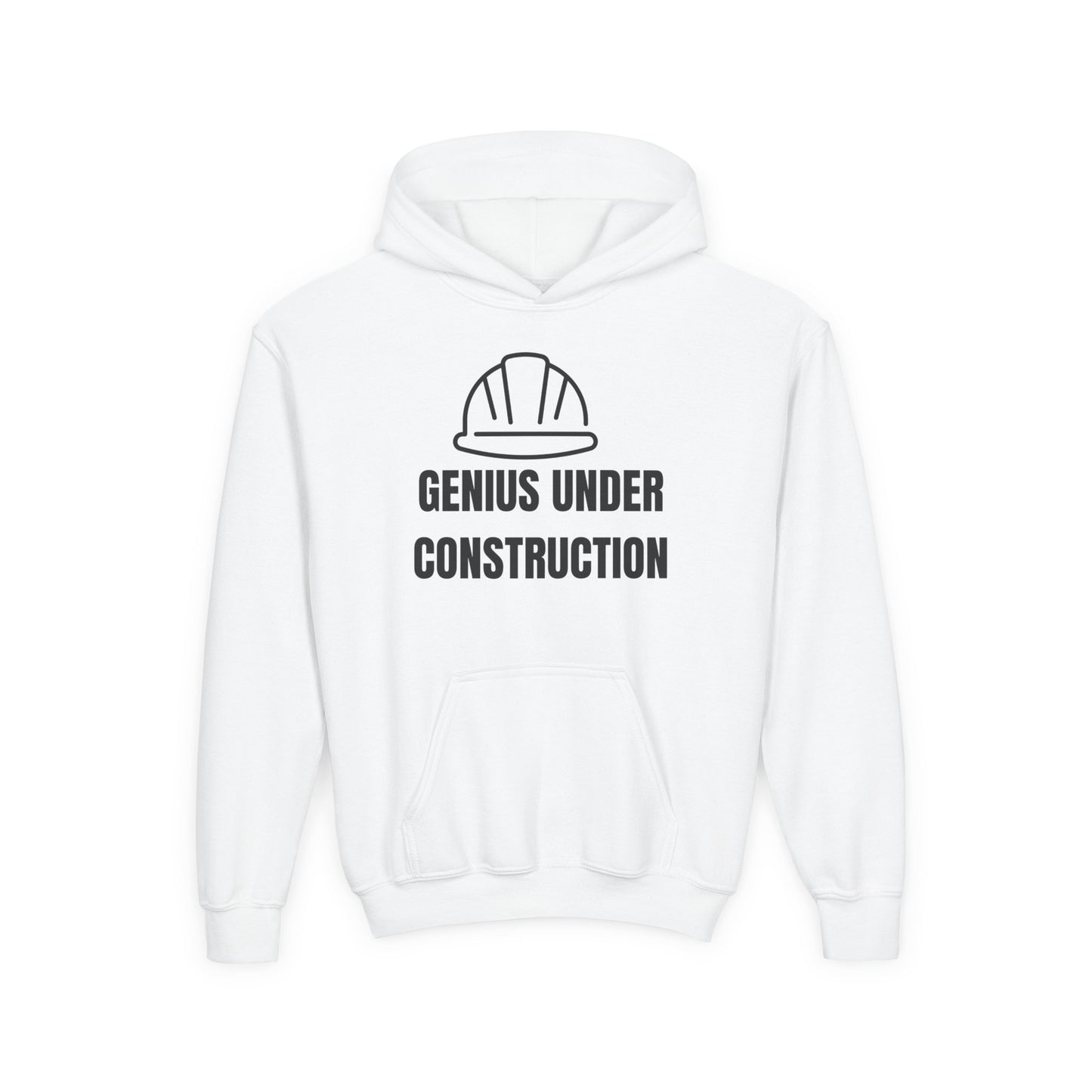 Genius Under Construction Hoodie, Youth Heavy Blend Sweatshirt, Fun Gift for Kids, Back to School Apparel, Funny Kids Hoodie