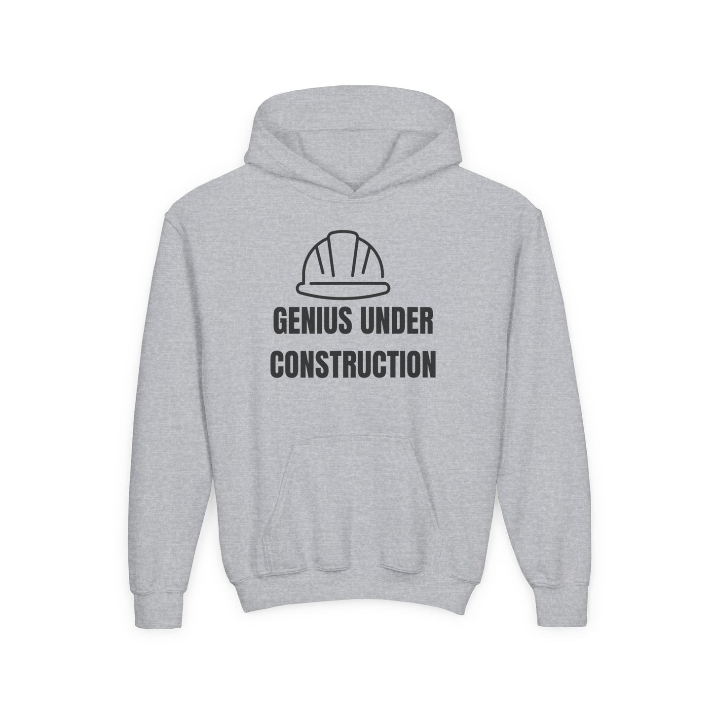 Genius Under Construction Hoodie, Youth Heavy Blend Sweatshirt, Fun Gift for Kids, Back to School Apparel, Funny Kids Hoodie