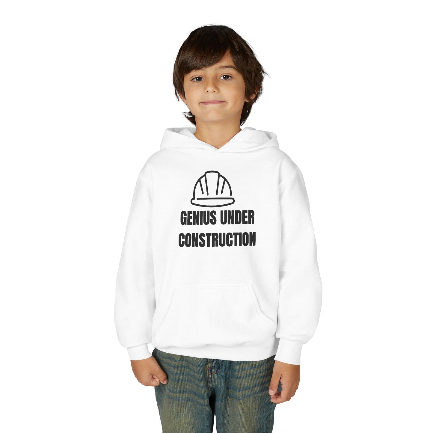 Genius Under Construction Hoodie, Youth Heavy Blend Sweatshirt, Fun Gift for Kids, Back to School Apparel, Funny Kids Hoodie