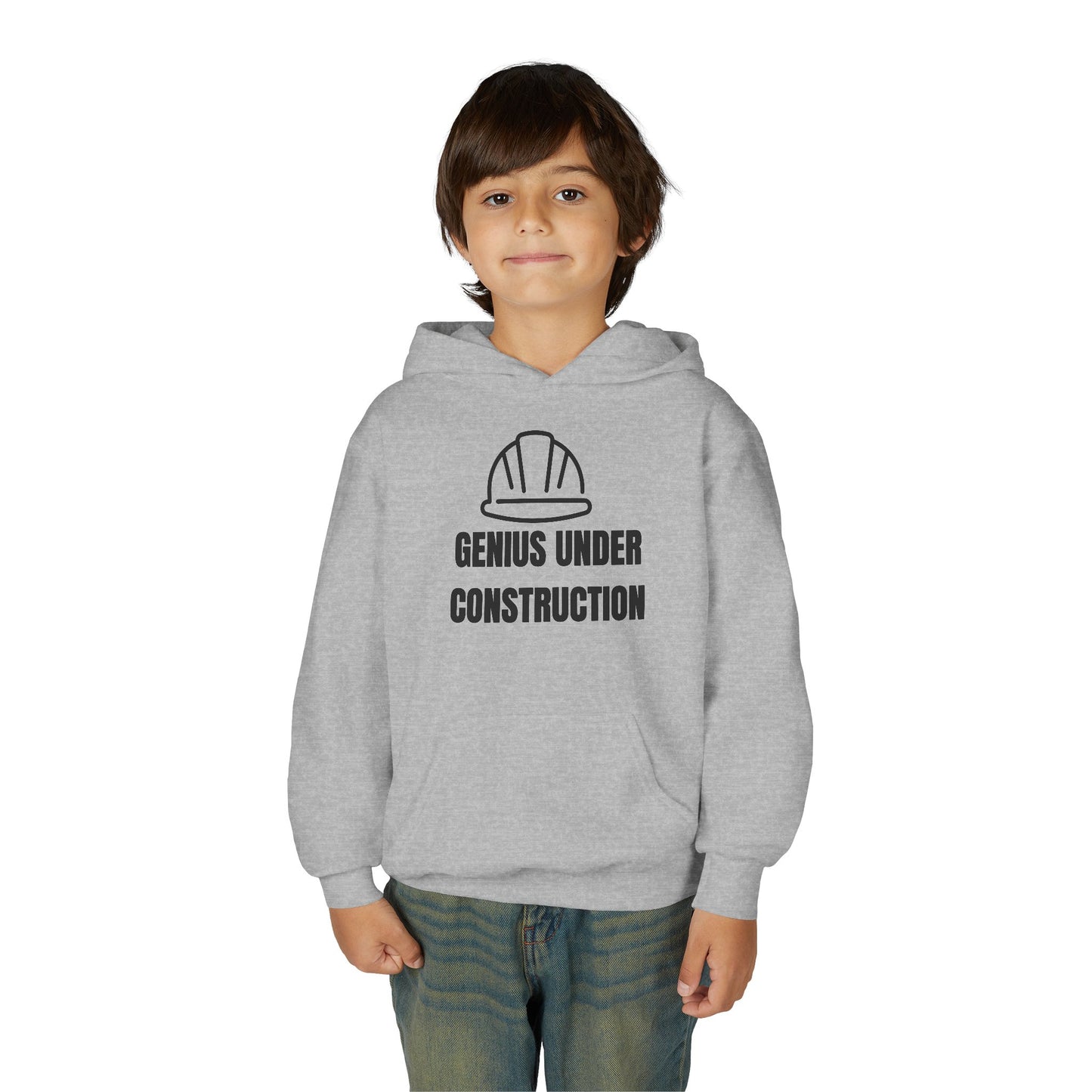 Genius Under Construction Hoodie, Youth Heavy Blend Sweatshirt, Fun Gift for Kids, Back to School Apparel, Funny Kids Hoodie
